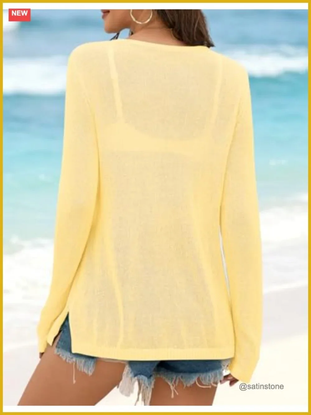 Women's Crochet Letter Print Long Sleeve Cover Up Crew Neck Split Hem Pullover